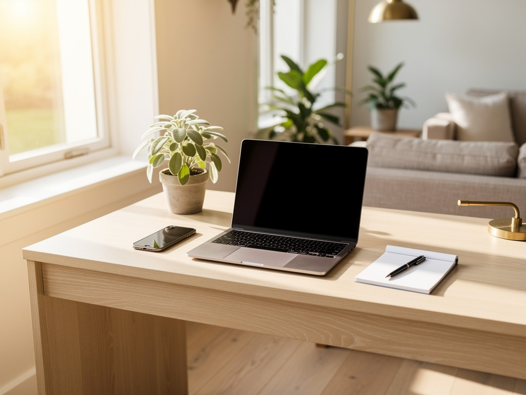 A tidy support desk with a laptop, a phone, a notepad and a sage plant beside a bright window, no one in the frame.