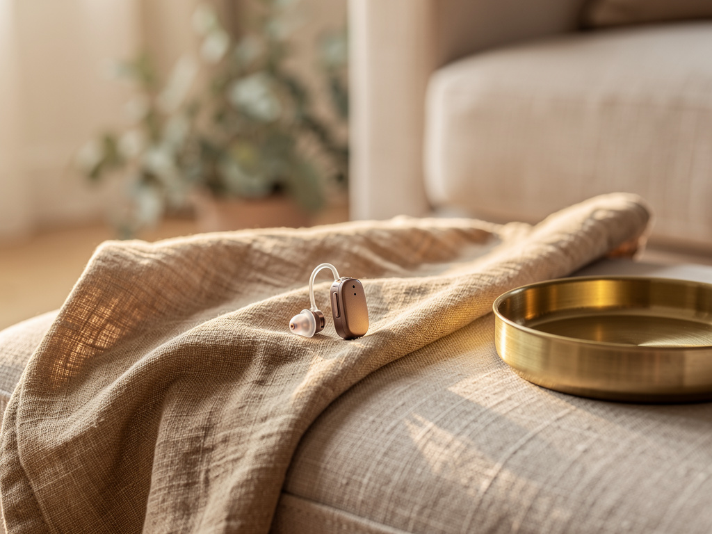 Close-up of a small behind-the-ear hearing device resting on a sand-colored linen cloth next to a brass dish.