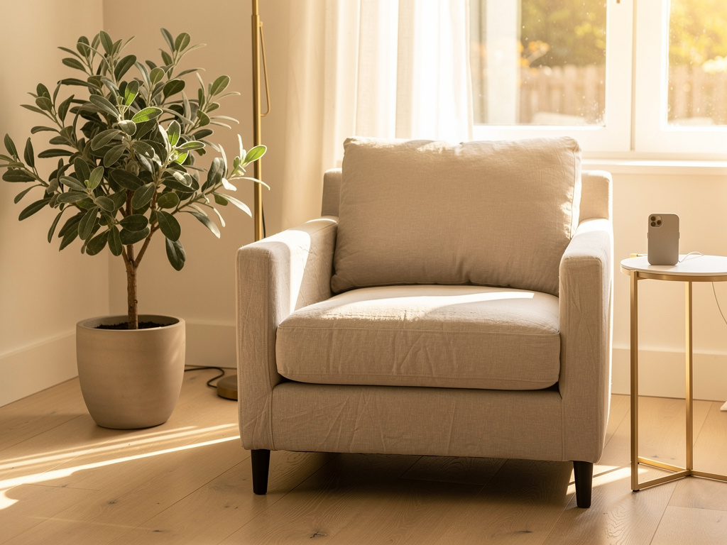 A sunlit living room corner with a linen armchair, a sage plant and a small charging case on a side table.