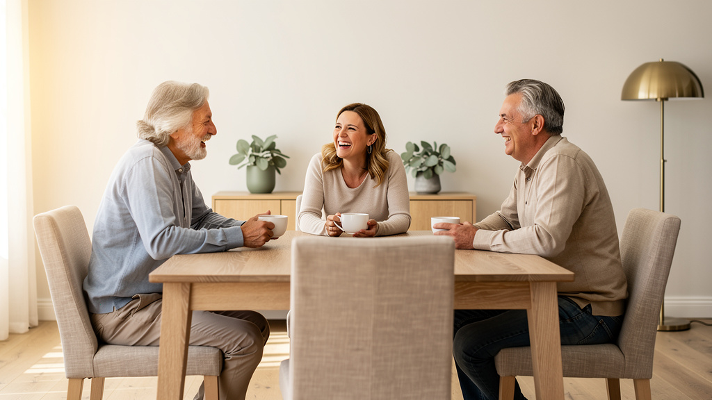 A gray-haired couple laughs with their adult daughter around a light oak dining table, cups of tea in hand, in warm wind