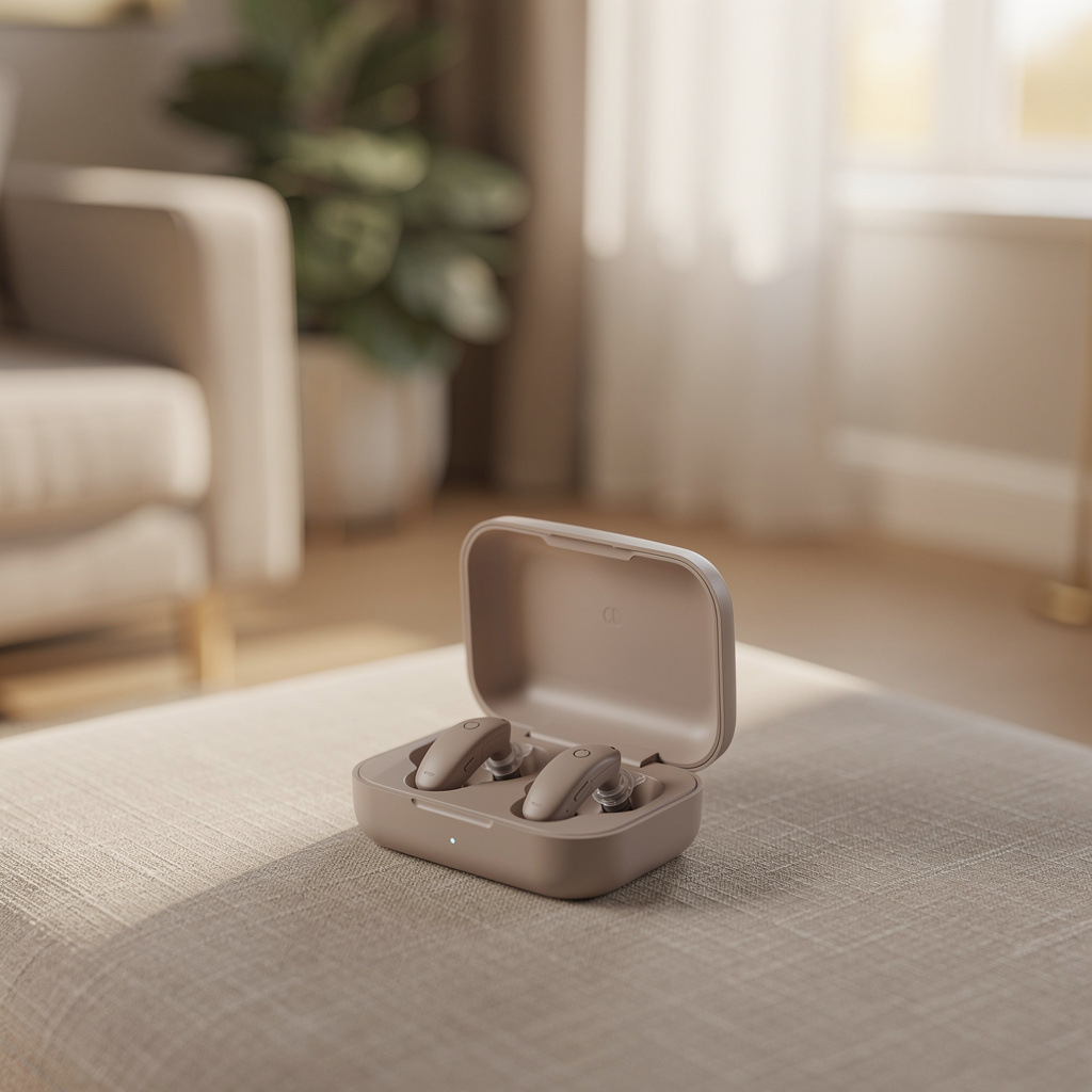 A pair of small, unbranded behind-the-ear hearing devices in an open charging case on a pale sand-colored linen surface,